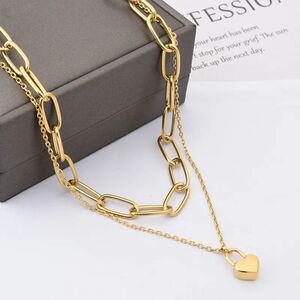 Stainless Steel Double Leyered Necklaces, Heart Lock, Gold.